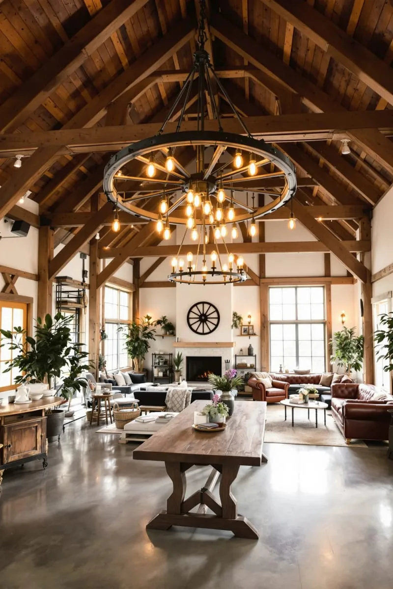 29 Unique Barndominium Interiors For Your Next Makeover 57 statement lighting made from upcycled wagon wheels 1