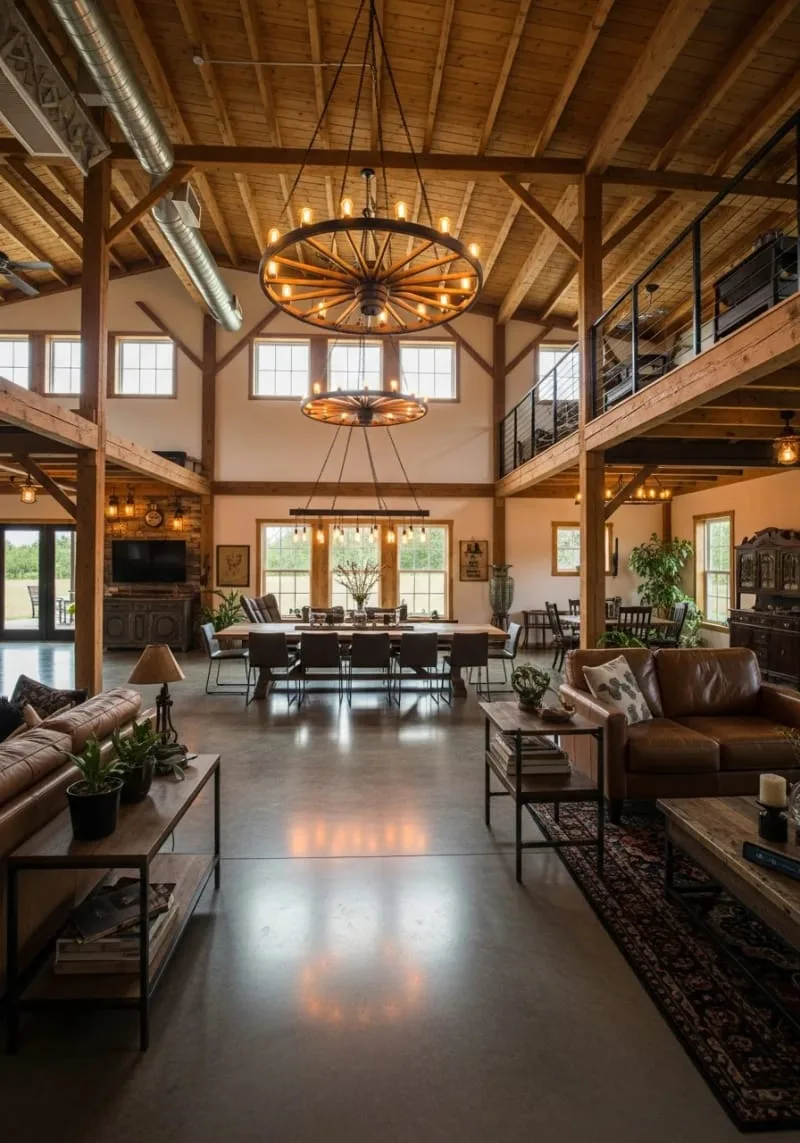 29 Unique Barndominium Interiors For Your Next Makeover 58 statement lighting made from upcycled wagon wheels 1
