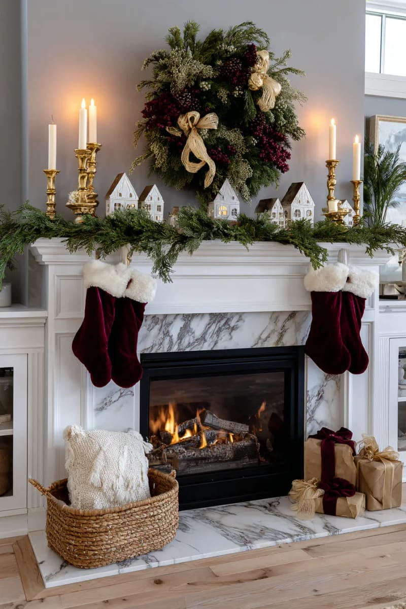 statement oversized wreath above the fireplace mantel 1