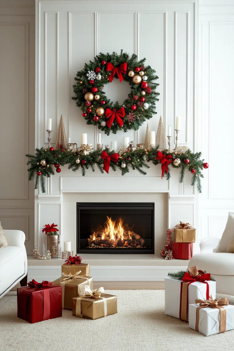 statement oversized wreath above the fireplace mantel 1