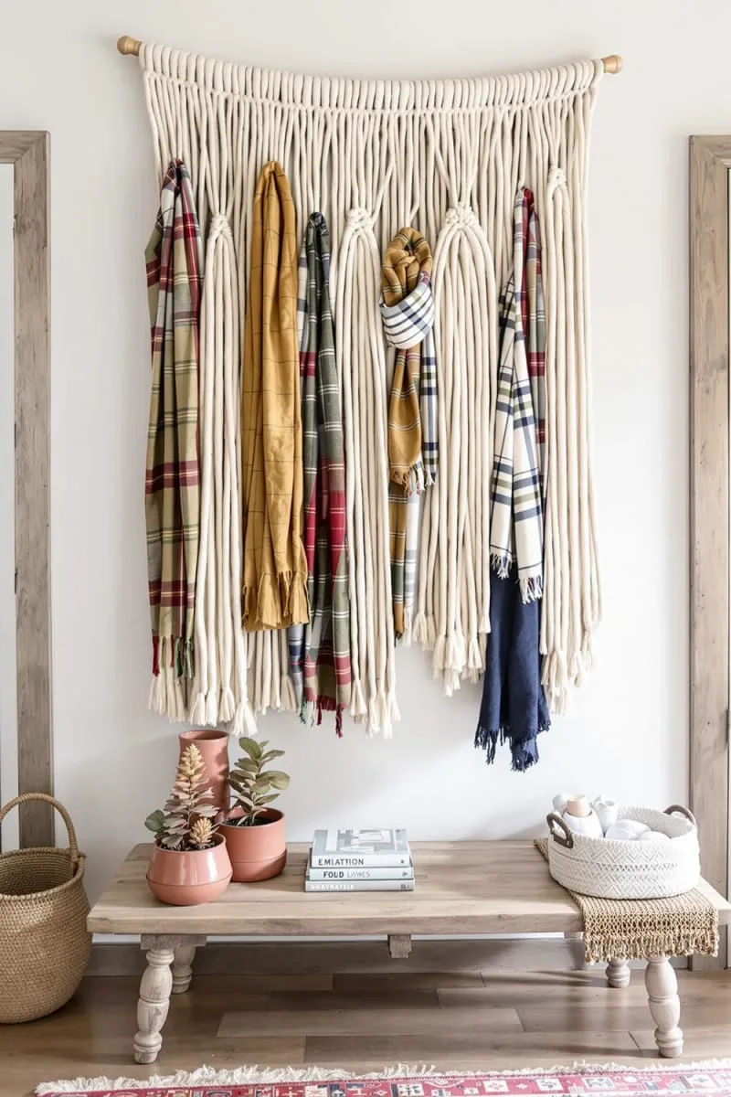 statement wall of layered macramé and plaid scarves 1 statement wall of layered macramé and plaid scarves 1