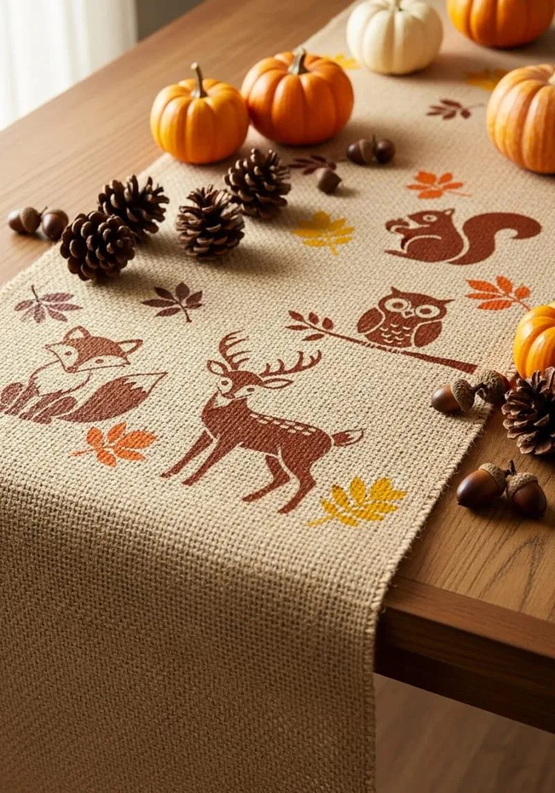 stenciled burlap table runner with woodland animal motifs 1