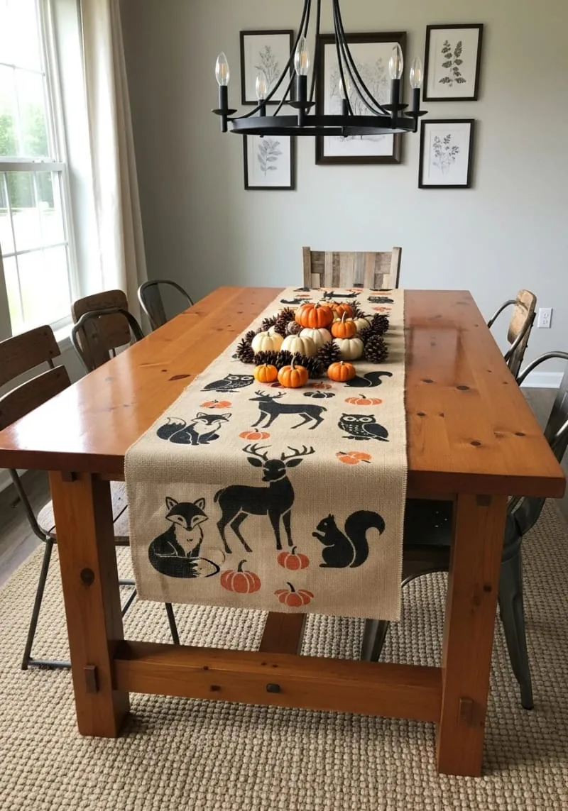 stenciled burlap table runner with woodland animal motifs 1