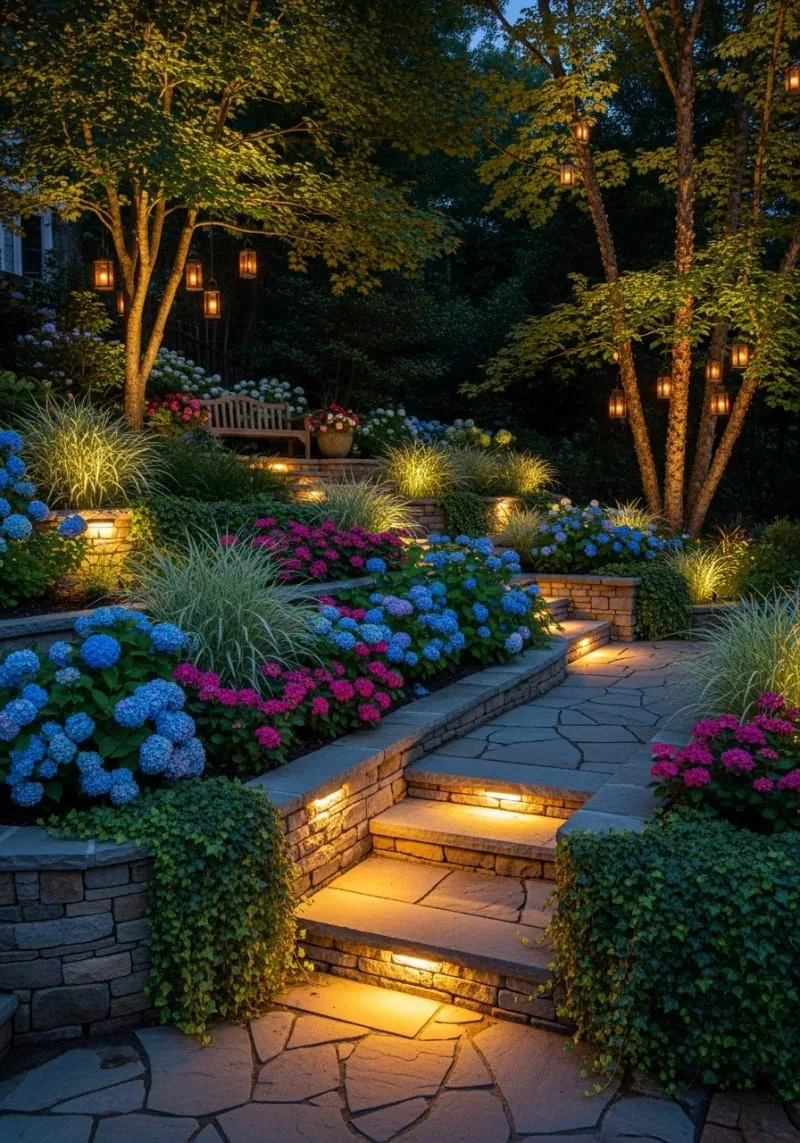 stepped flower beds with dramatic landscape lighting for nighttime ambiance 1