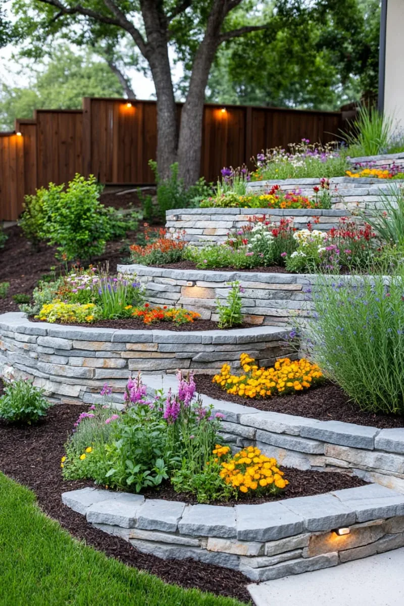 stepped flower beds with dramatic landscape lighting for nighttime ambiance 1