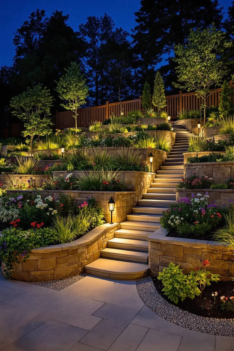 stepped flower beds with dramatic landscape lighting for nighttime ambiance 1
