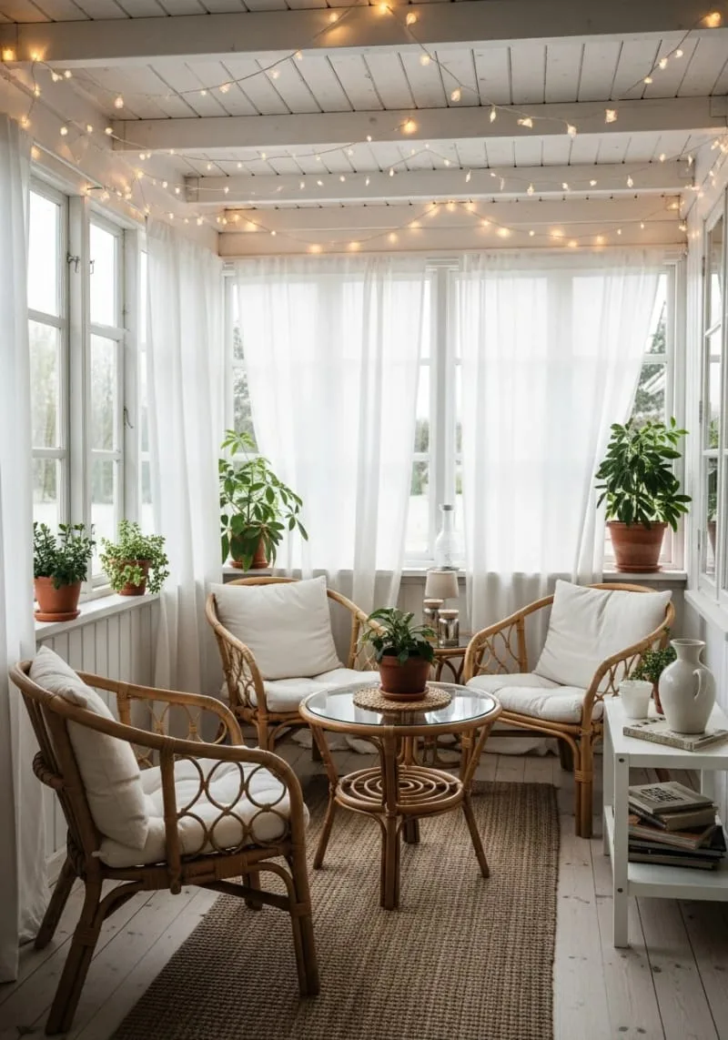 19 Small Sunroom Ideas to Brighten Small Spaces 10 string fairy lights across ceiling beams for magical evening ambience 1