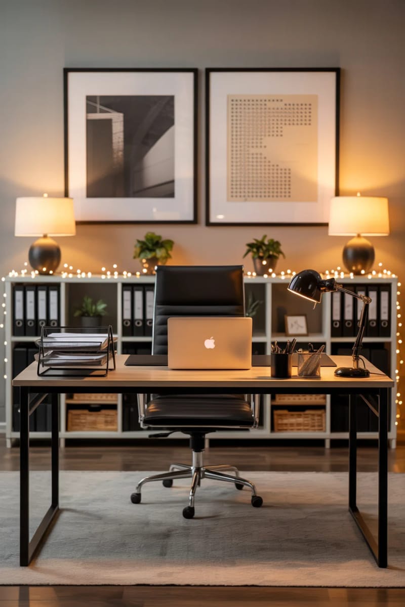 string lights along a modern bookshelf for a cozy, creative atmosphere 1