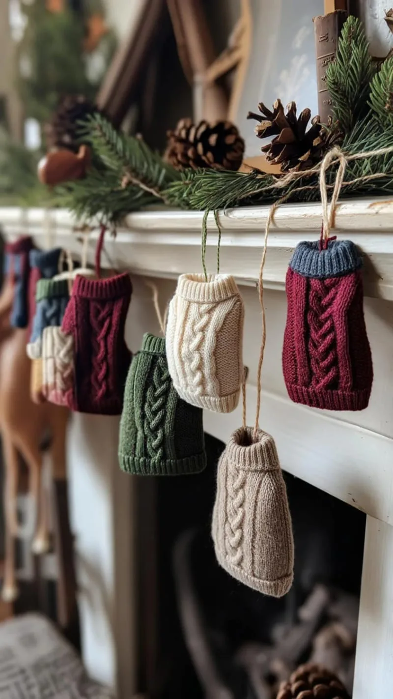 string of miniature sweater ornaments across the mantel 1 string of miniature sweater ornaments across the mantel 1