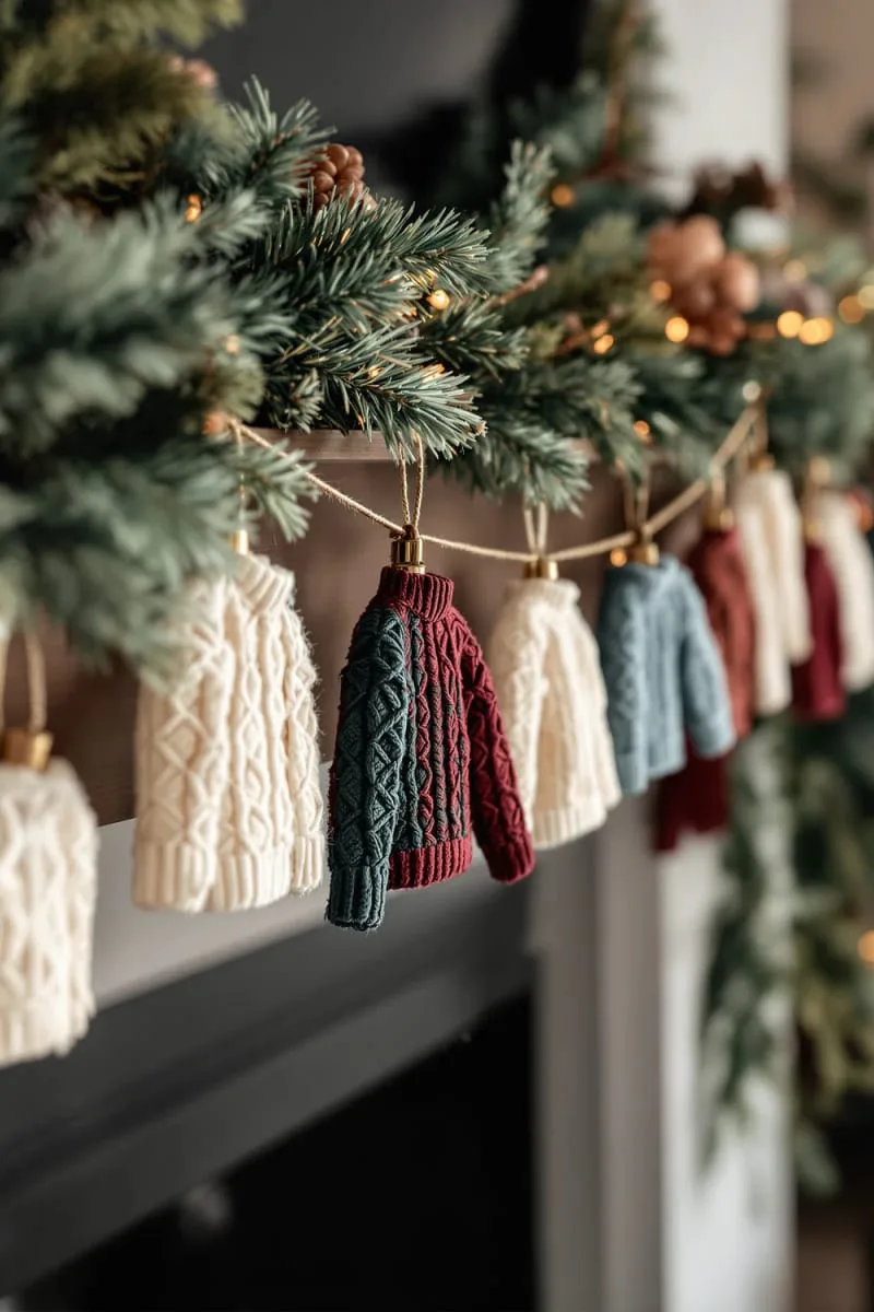 string of miniature sweater ornaments across the mantel 1 string of miniature sweater ornaments across the mantel 1