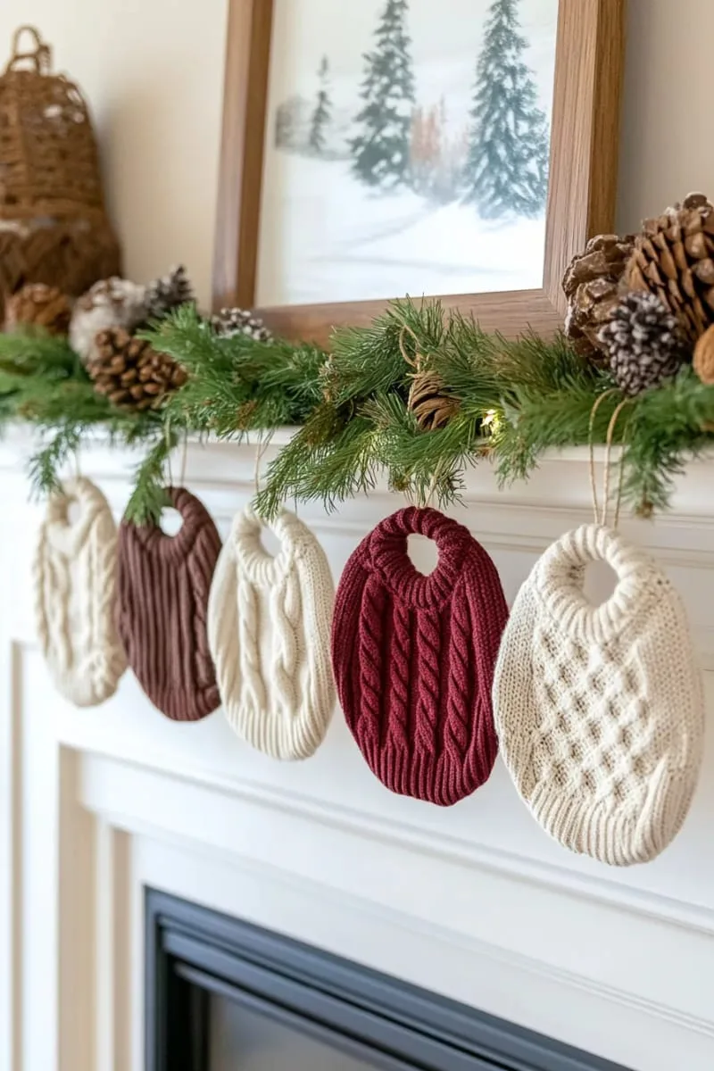 string of miniature sweater ornaments across the mantel 1 string of miniature sweater ornaments across the mantel 1