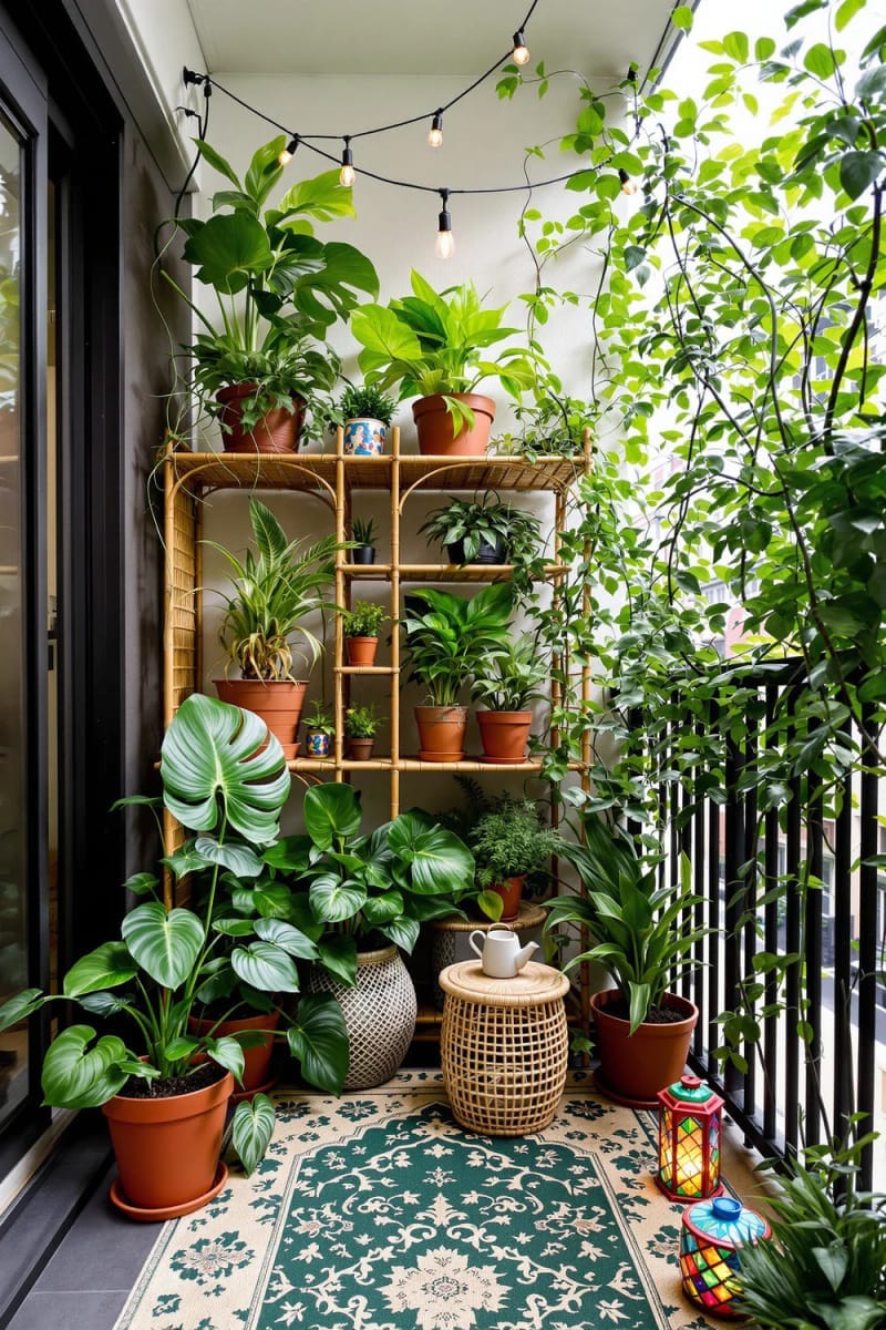 style a compact jungle corner with layered tropical balcony plants 1