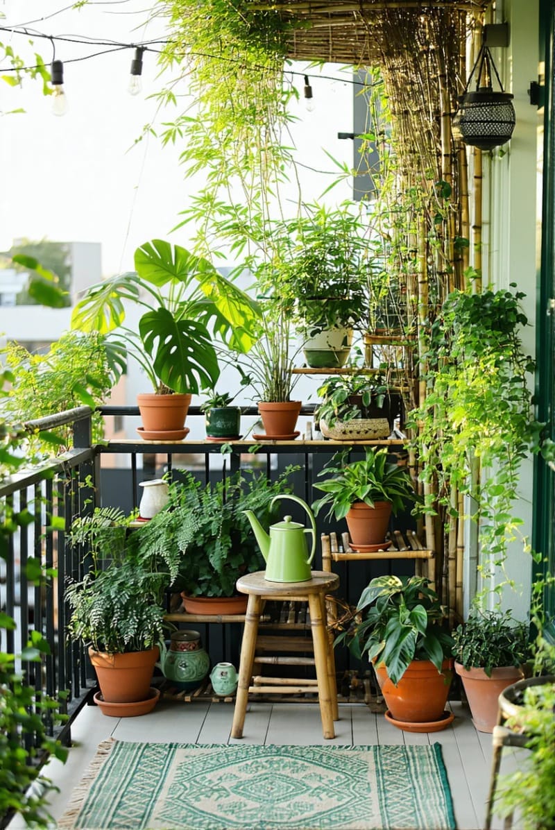 style a compact jungle corner with layered tropical balcony plants 1