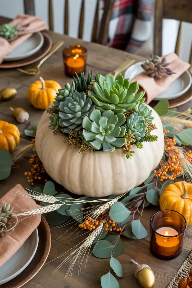 succulent-filled pumpkin planter in the center 1 succulent-filled pumpkin planter in the center 1
