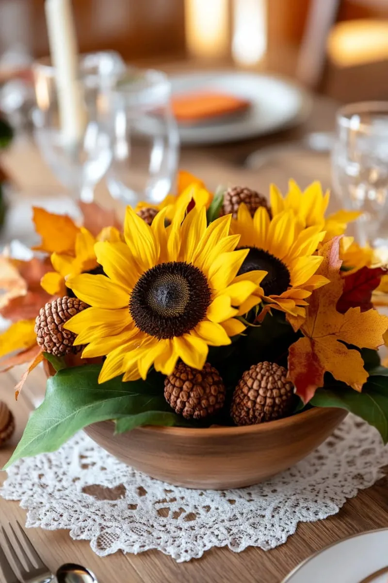sunflower and acorn centerpiece for a vintage-inspired dining table 1