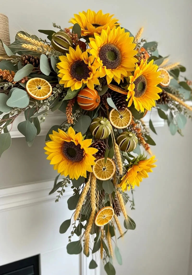 sunflower and dried citrus swag for the mantel 1