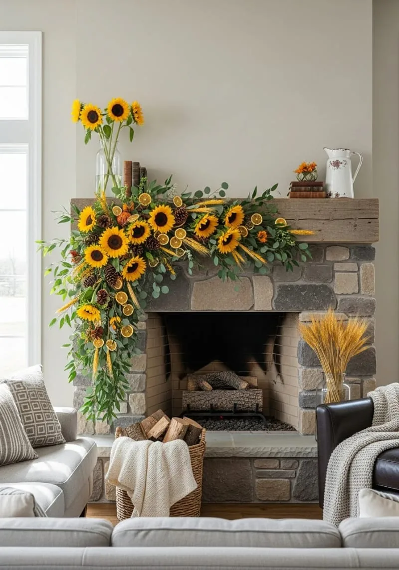 sunflower and dried citrus swag for the mantel 1
