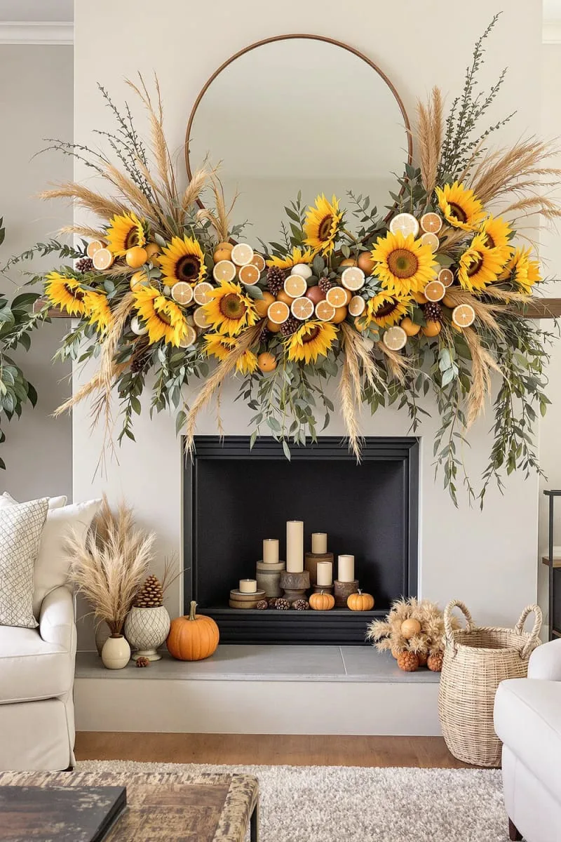 sunflower and dried citrus swag for the mantel 1