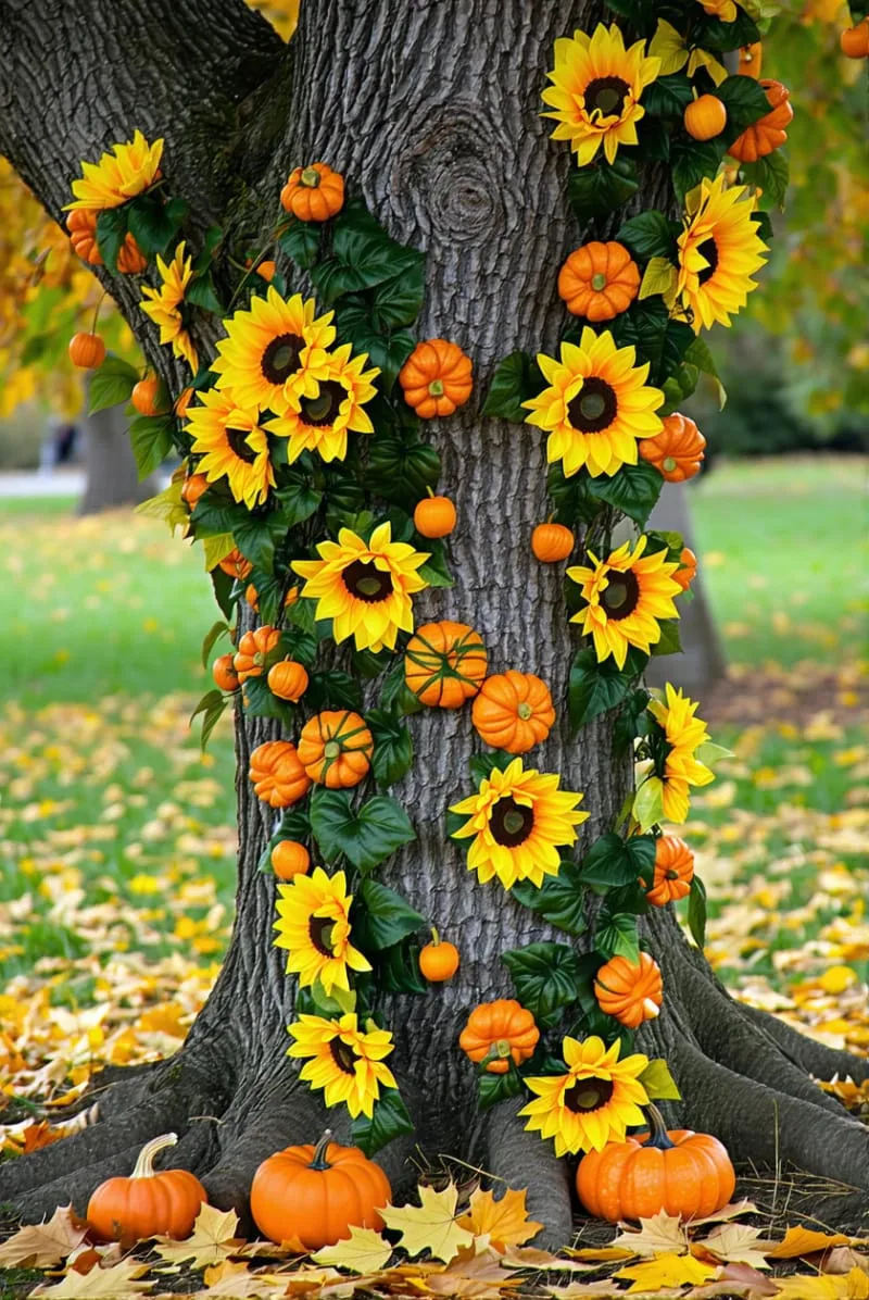 sunflower and mini pumpkin garland winding around the tree branches 1