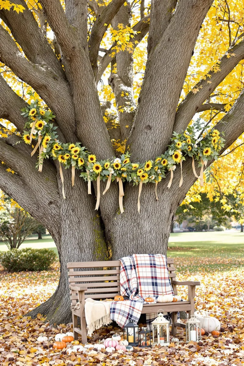 sunflower and mini pumpkin garland winding around the tree branches 1