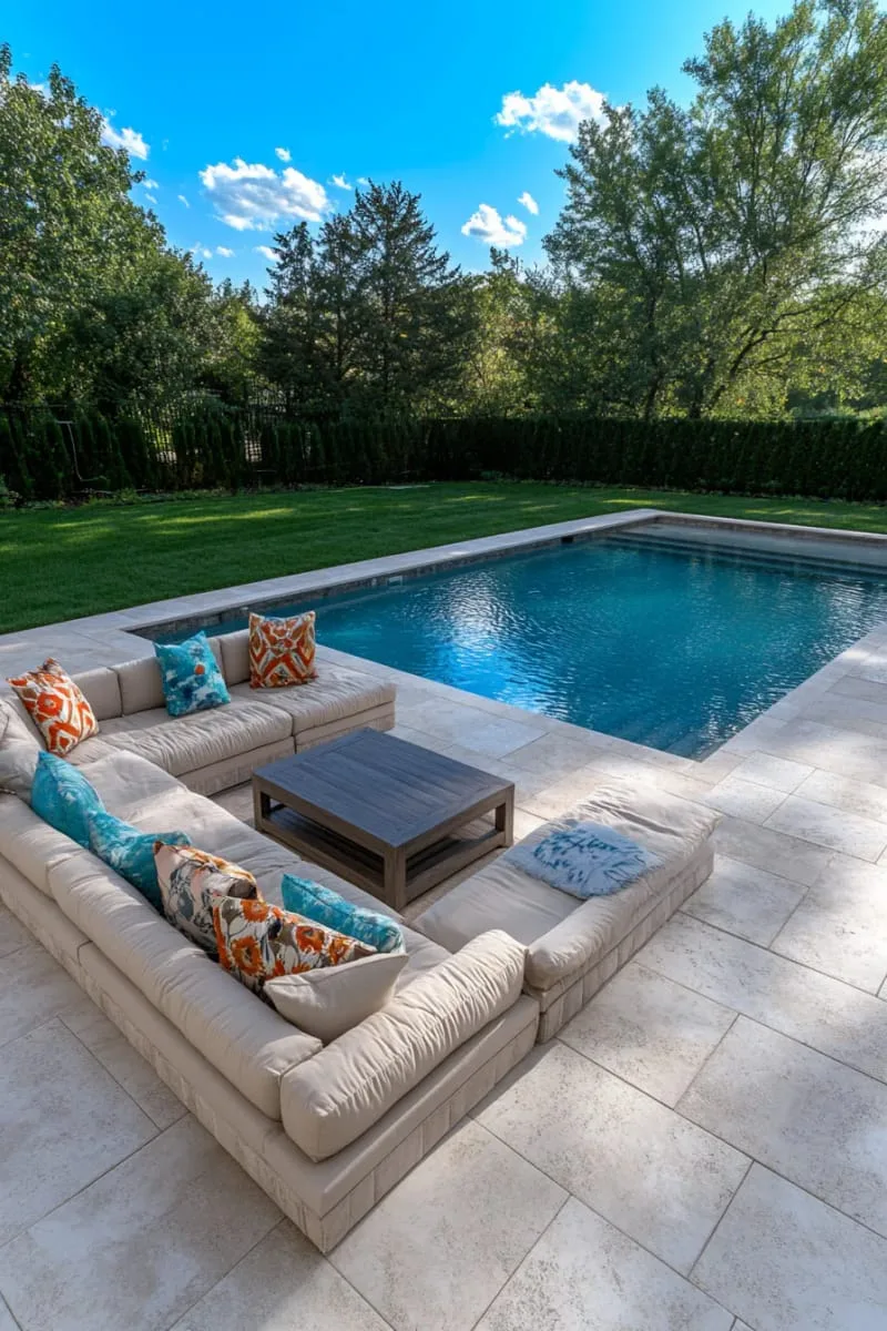 sunken conversation pit with plush seating right next to the pool 1