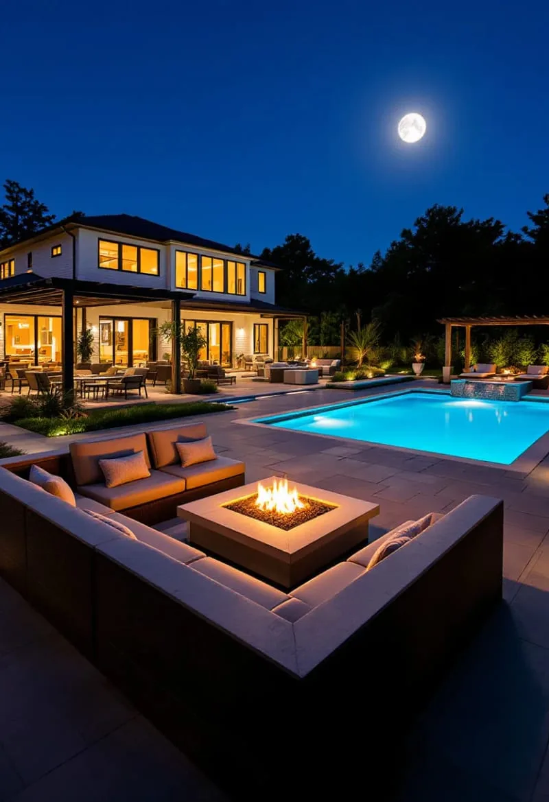 sunken conversation pit with plush seating right next to the pool 1