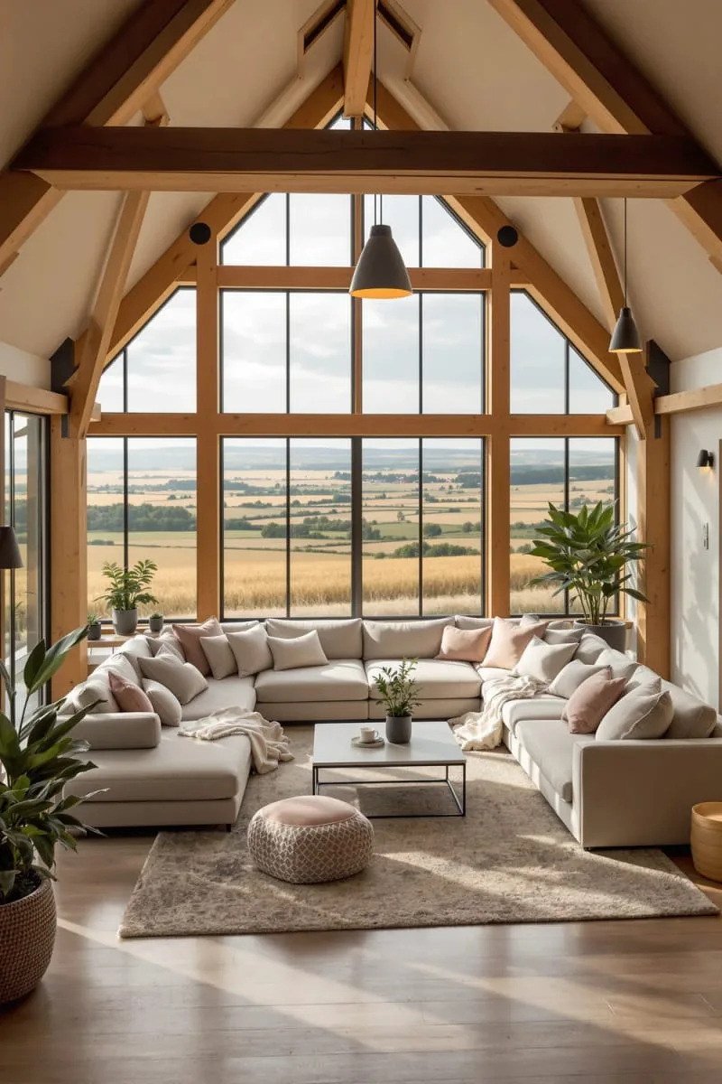 29 Unique Barndominium Interiors For Your Next Makeover 32 sunken lounge area with plush seating and panoramic field views 1