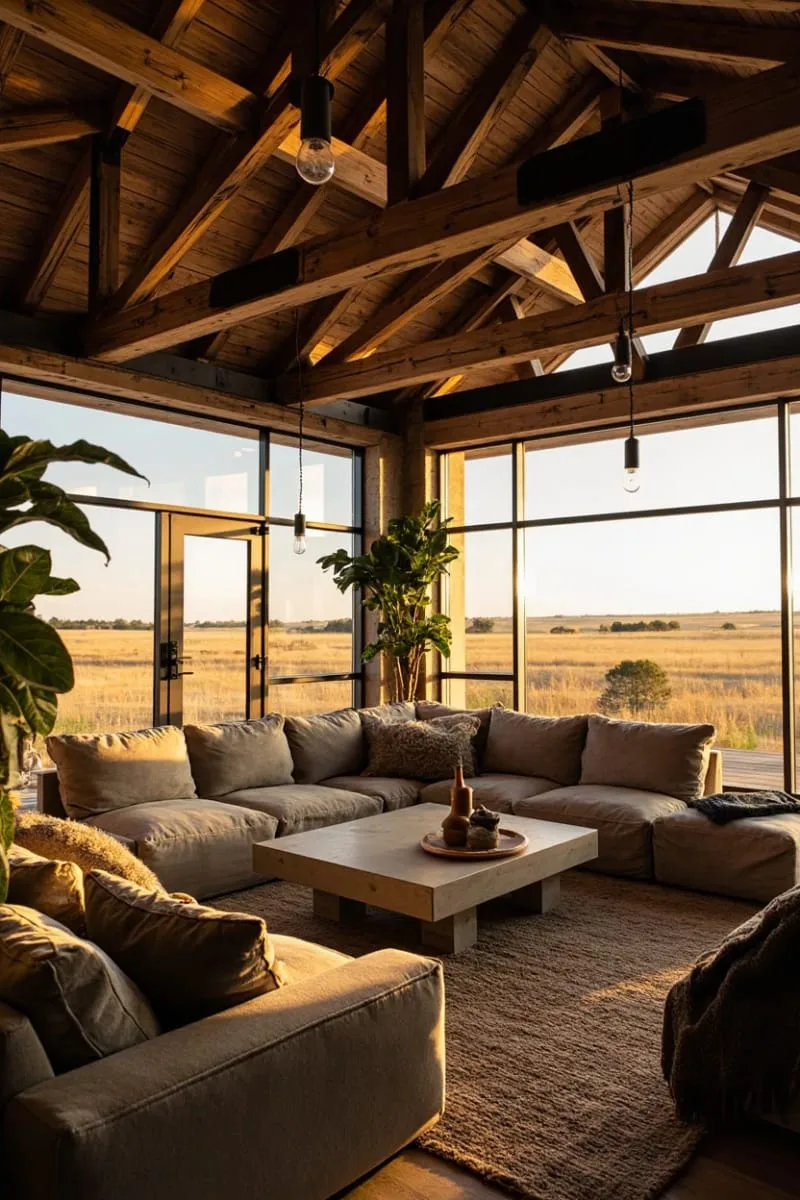 29 Unique Barndominium Interiors For Your Next Makeover 33 sunken lounge area with plush seating and panoramic field views 1