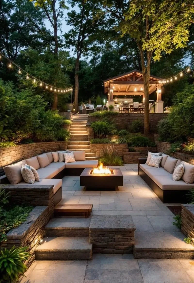 sunken lounge zone with fire pit and plush cushions 1
