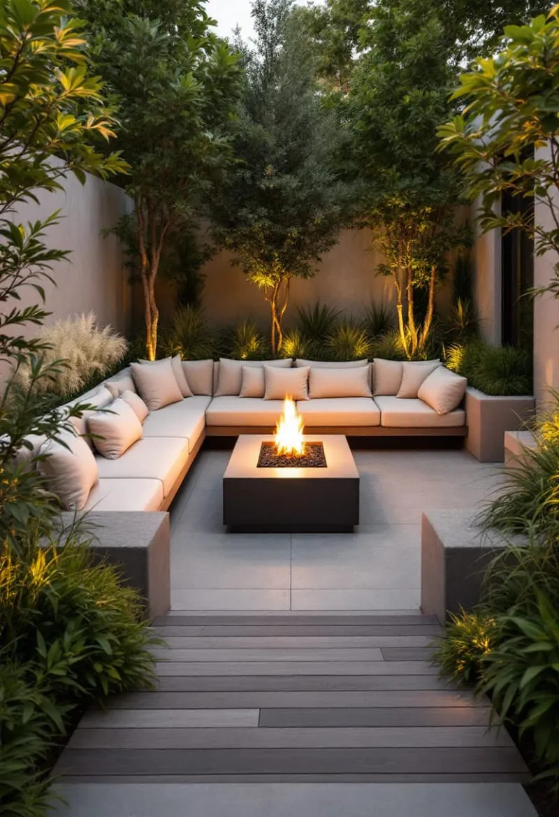 sunken lounge zone with fire pit and plush cushions 1