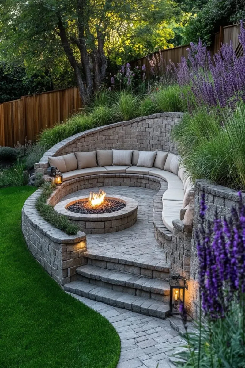 sunken patio lounge surrounded by curved retaining walls 1