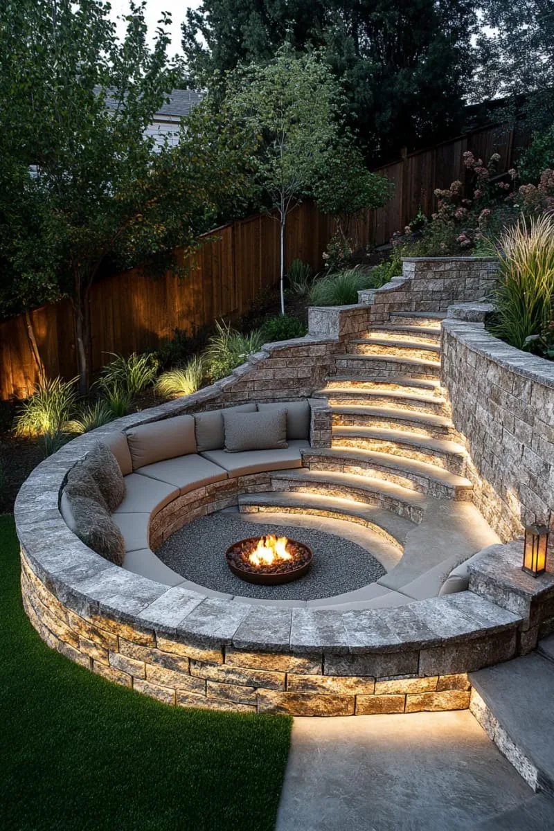 sunken patio lounge surrounded by curved retaining walls 1