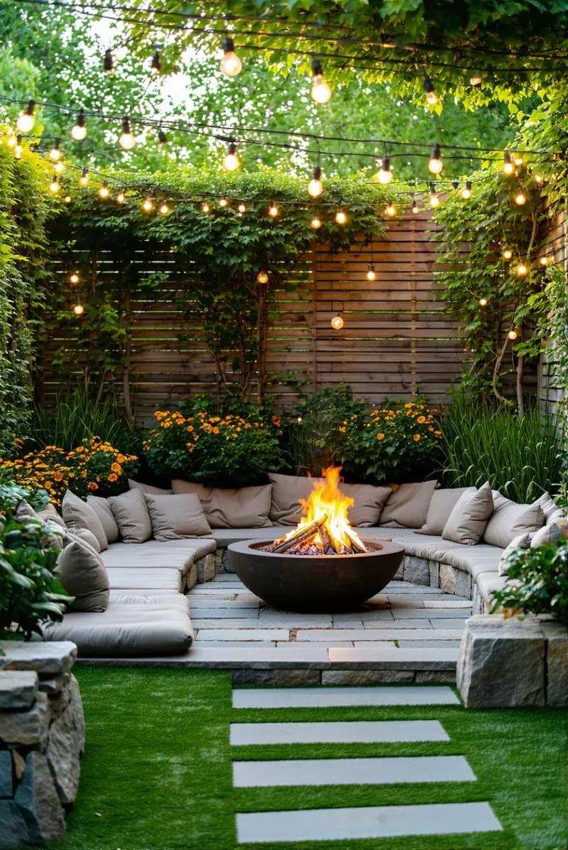 27 New Small Backyard Designs to Copy For Your Outdoor Space 12 sunken seating nook with a fire pit centerpiece 1