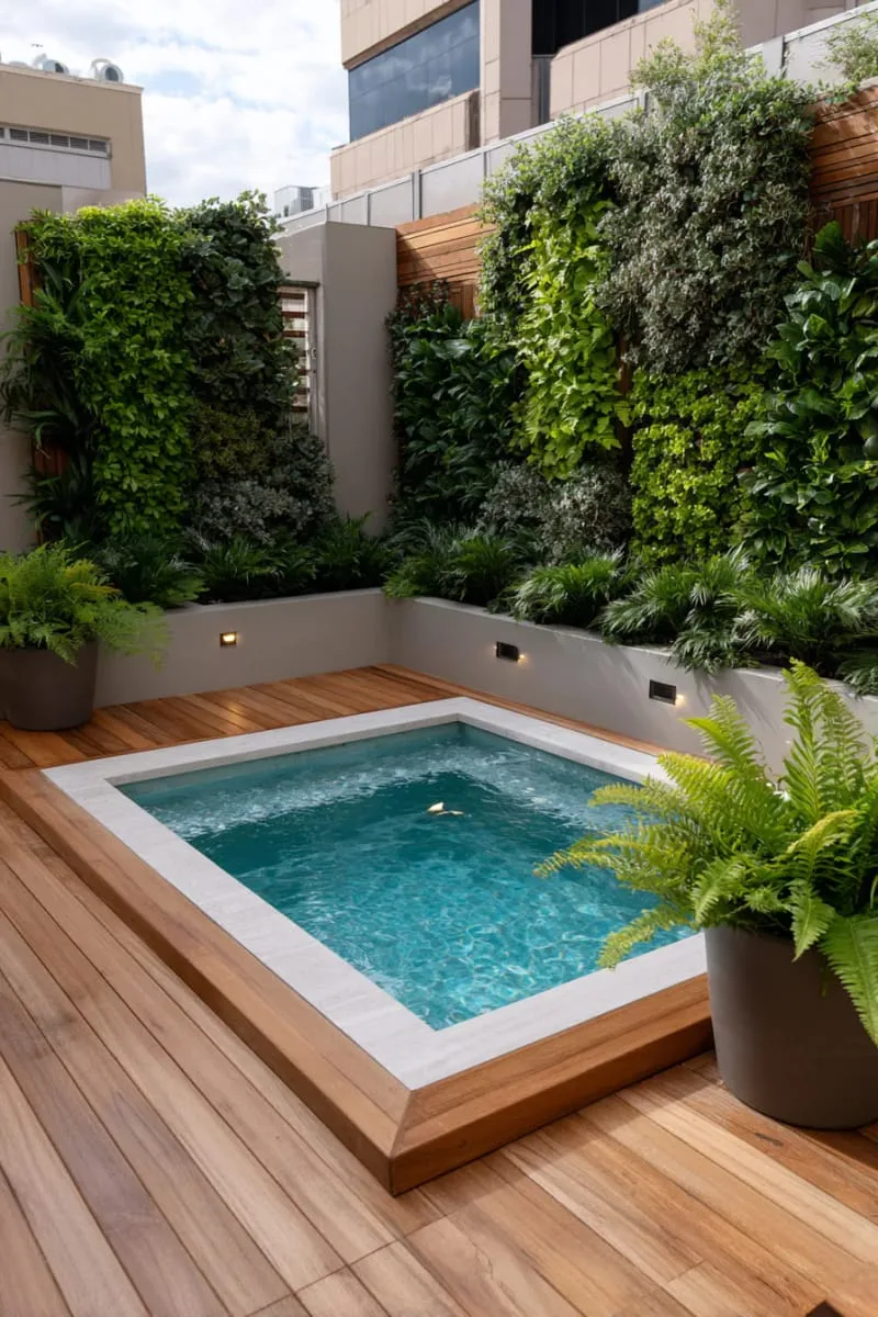 sunken spa pool with wood decking and vertical garden walls 1