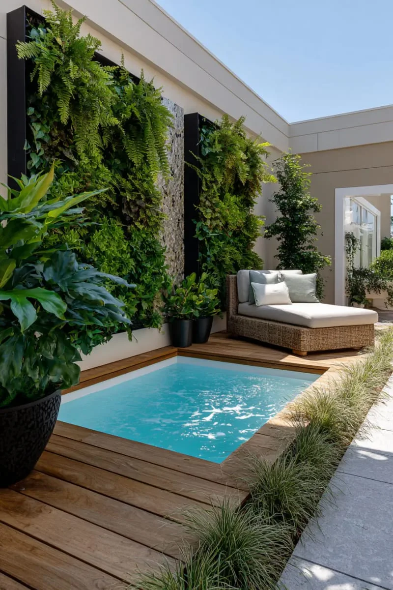 sunken spa pool with wood decking and vertical garden walls 1