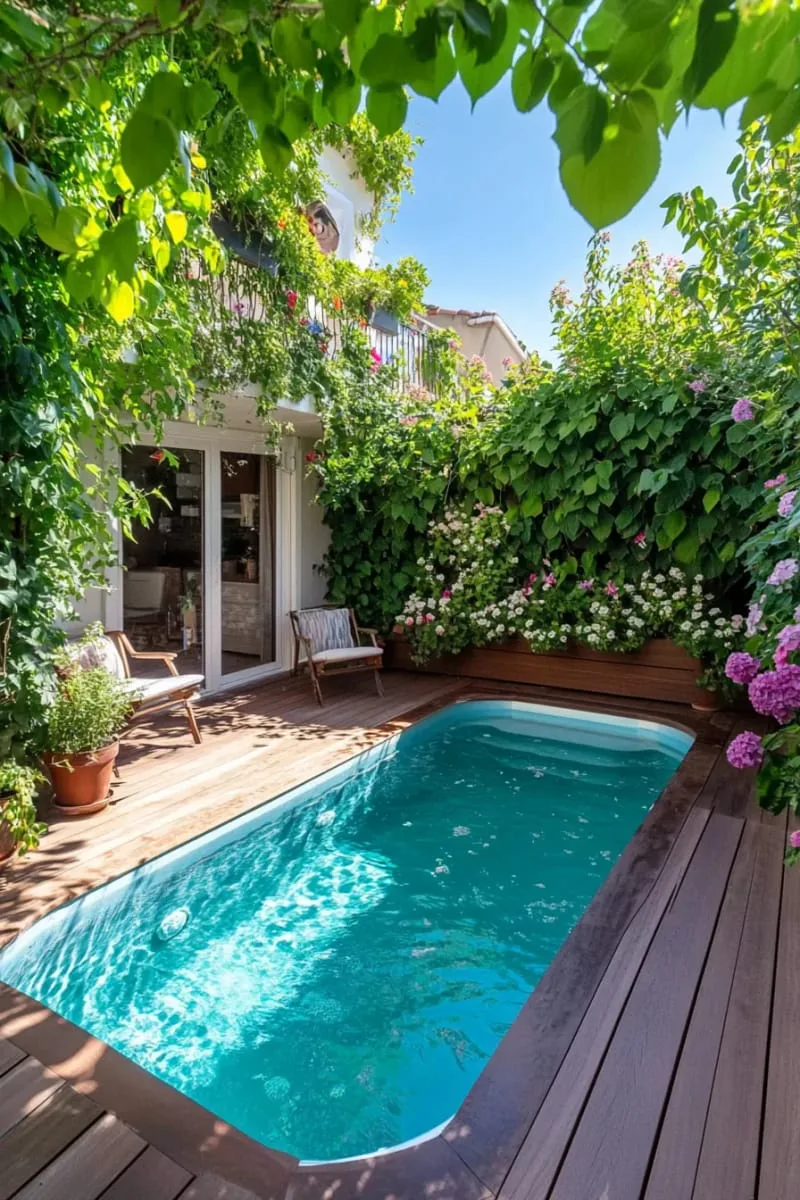 sunken spa pool with wood decking and vertical garden walls 1