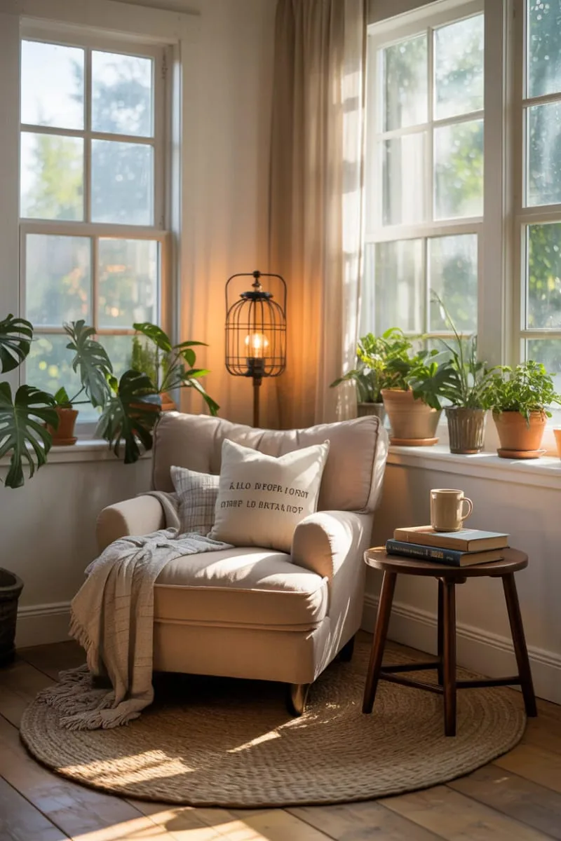 19 Small Sunroom Ideas to Brighten Small Spaces 60 sunroom reading corner with a plush armchair and lantern lighting 1