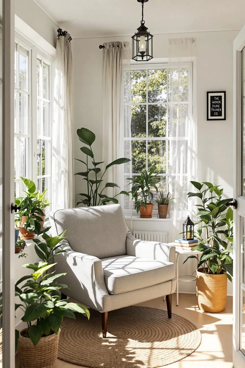 19 Small Sunroom Ideas to Brighten Small Spaces 61 sunroom reading corner with a plush armchair and lantern lighting 1