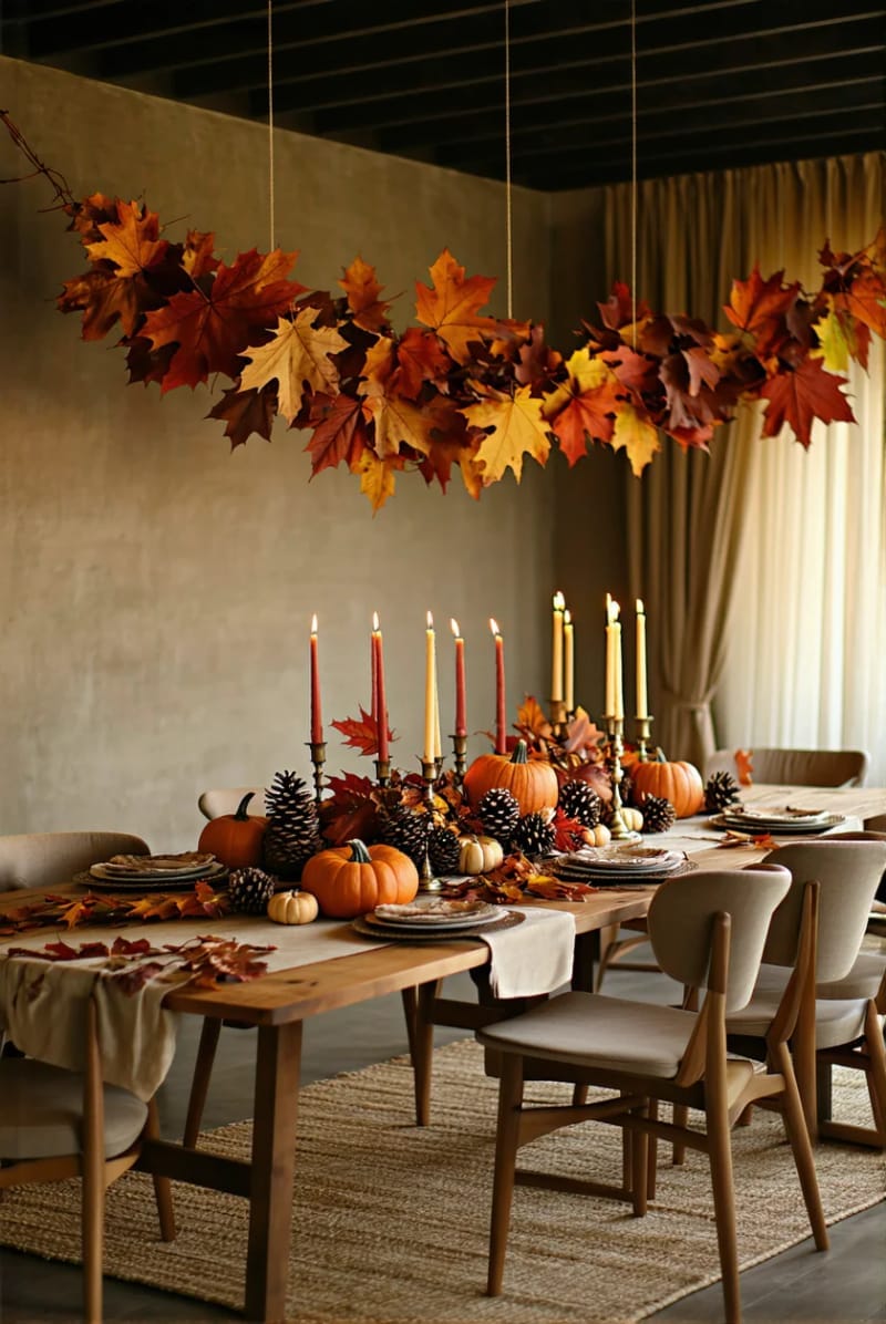suspended fall leaves garland above a cozy dining table centerpiece 1