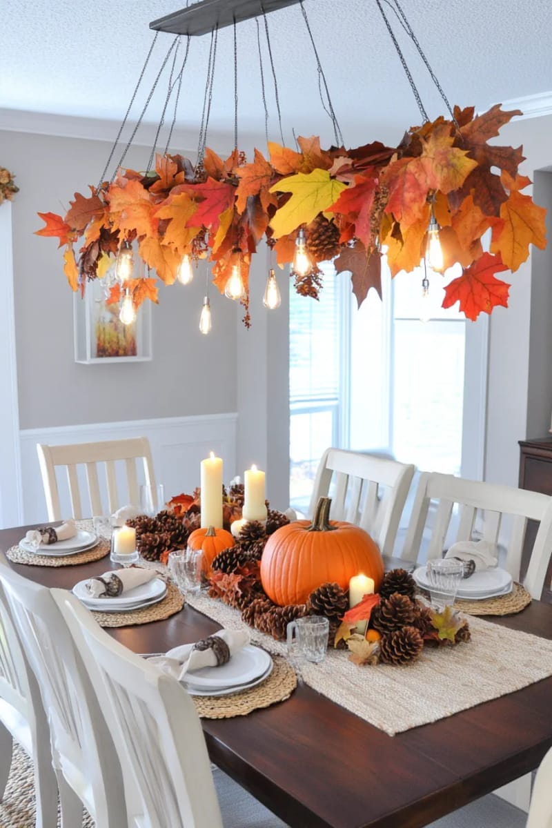 suspended fall leaves garland above a cozy dining table centerpiece 1