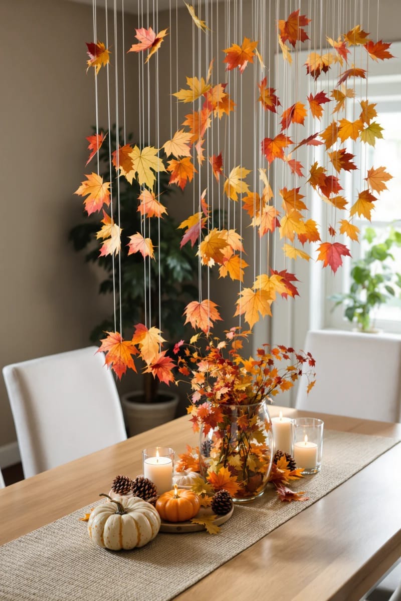 suspended fall leaves garland above a cozy dining table centerpiece 1