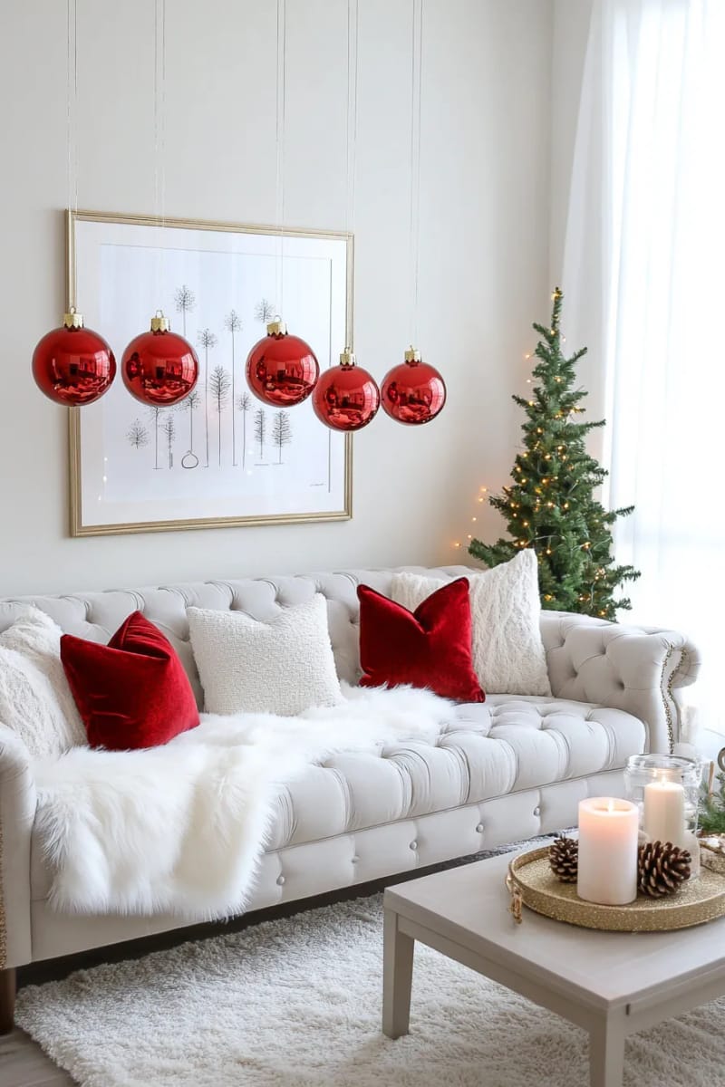 suspended red ornaments above a couch for floating effect 1