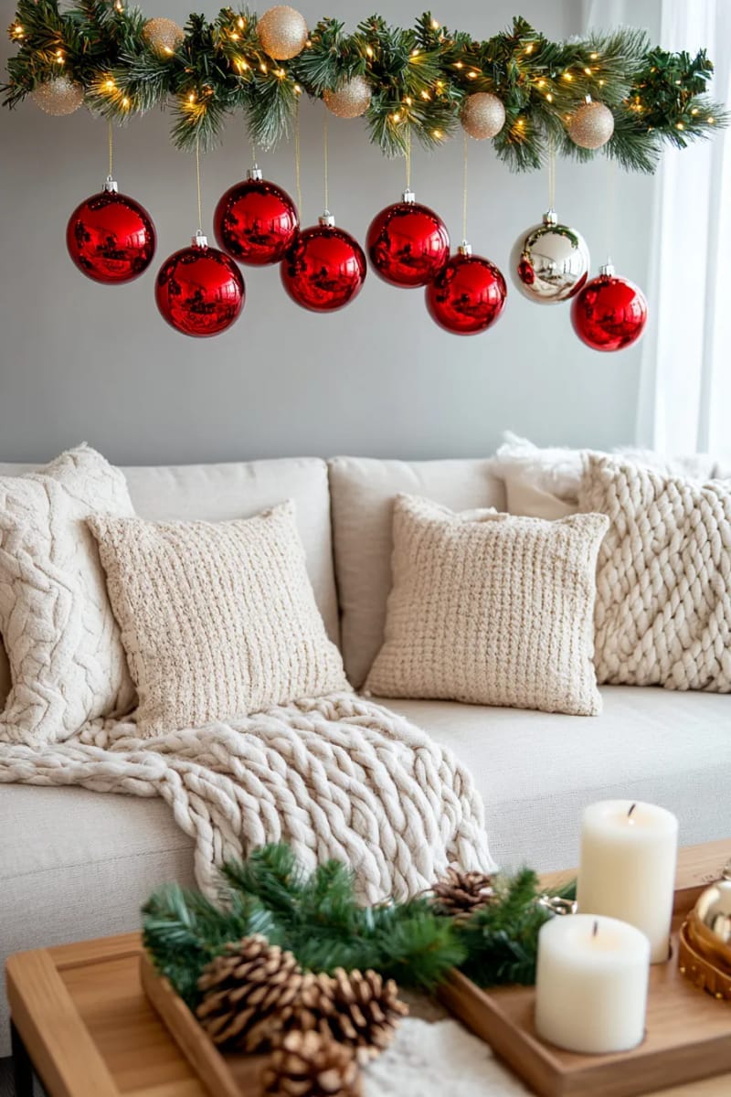 suspended red ornaments above a couch for floating effect 1