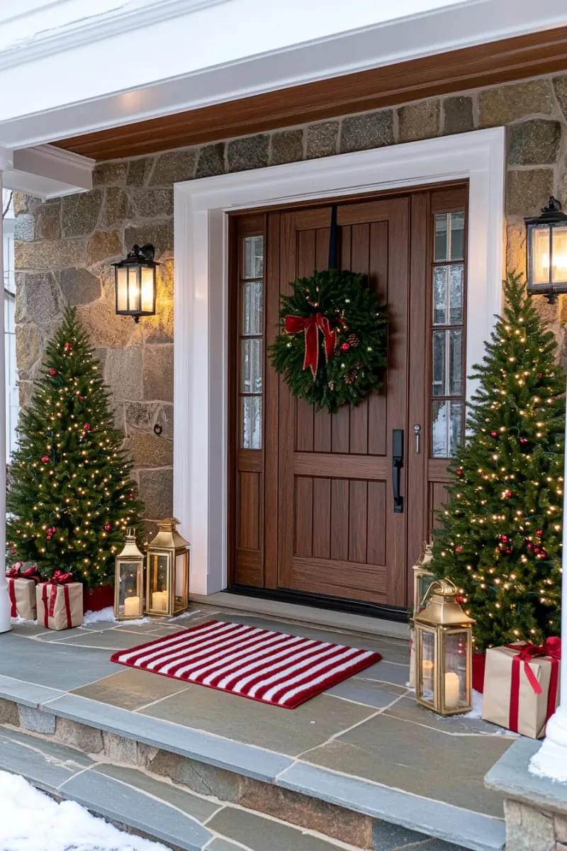 symmetrical pre-lit fir trees flanking the front door 1
