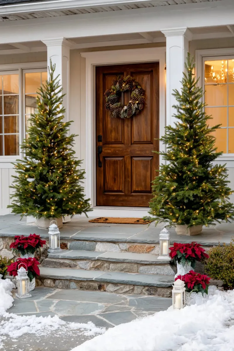 symmetrical pre-lit fir trees flanking the front door 1