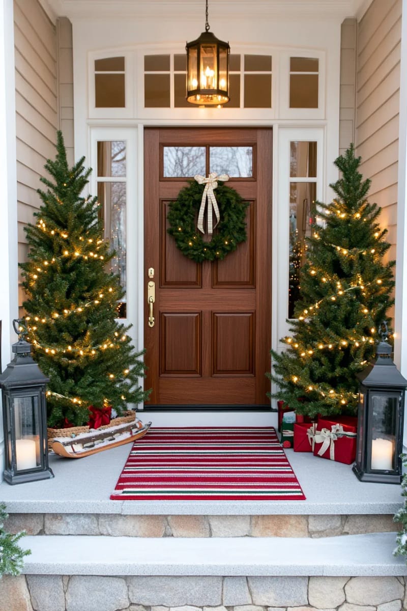 31 Outdoor Christmas Decorations: Ideas for a Magical Welcome 22 symmetrical pre-lit fir trees flanking the front door 1