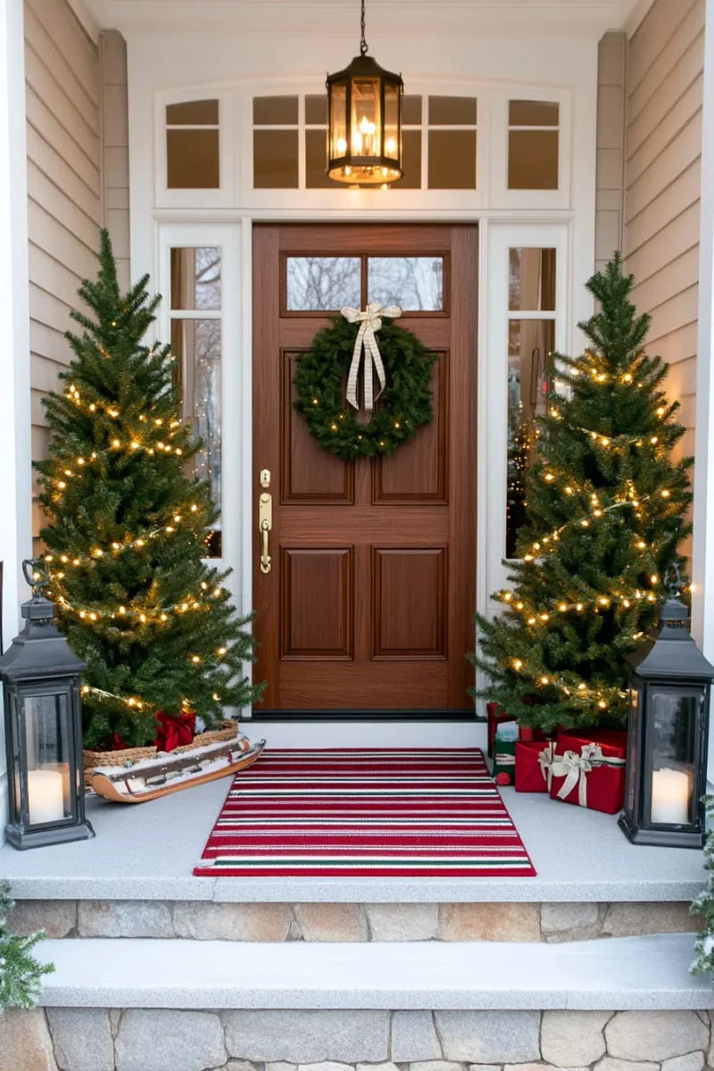 symmetrical pre-lit fir trees flanking the front door 1