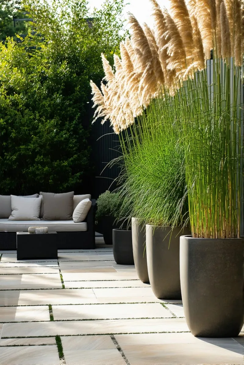 27 Unique Backyard Privacy Designs for A Serene Outdoor Oasis 17 tall potted grasses arranged along the patio edge 1