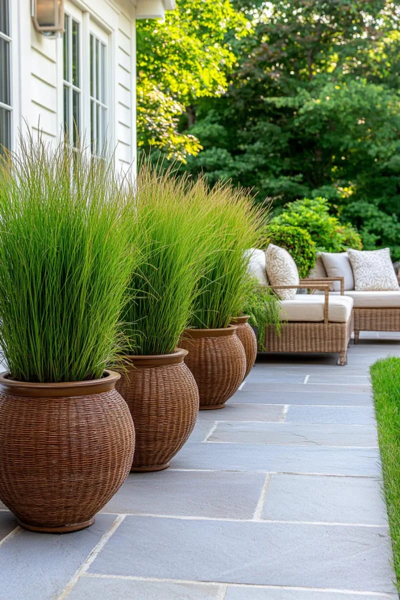 27 Unique Backyard Privacy Designs for A Serene Outdoor Oasis 18 tall potted grasses arranged along the patio edge 1
