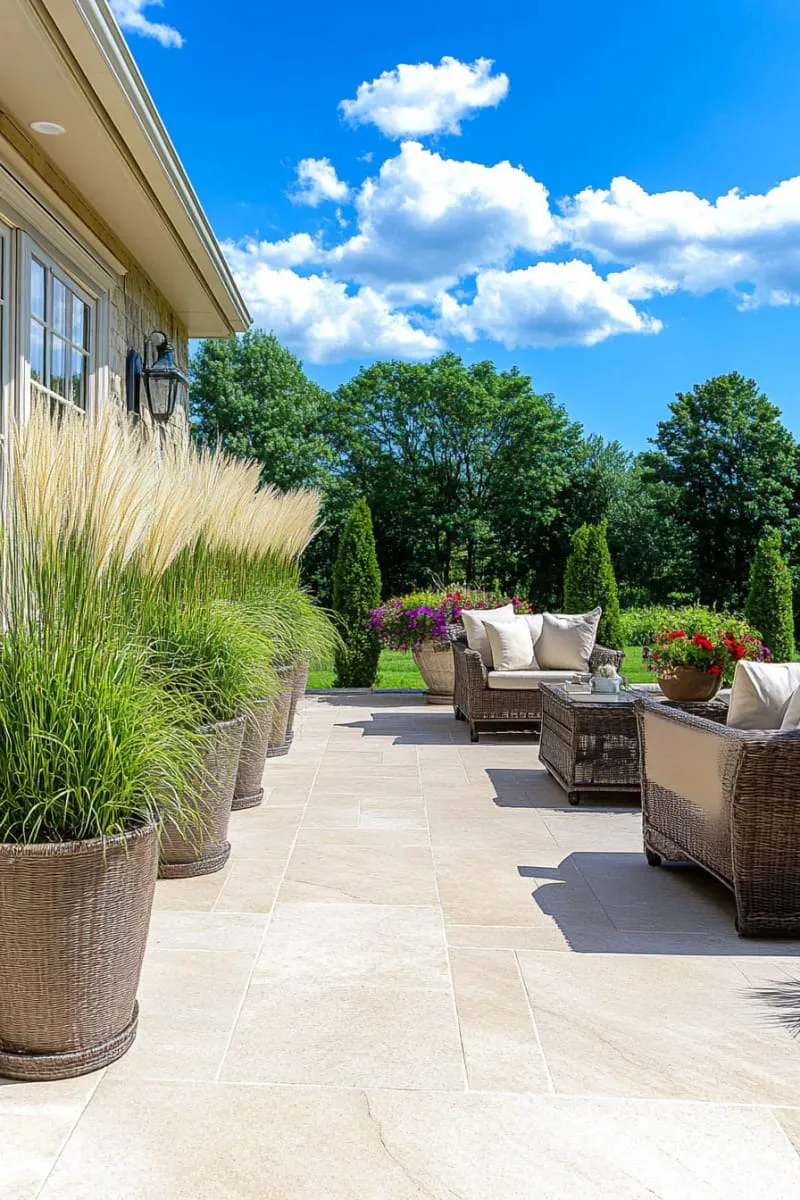 27 Unique Backyard Privacy Designs for A Serene Outdoor Oasis 19 tall potted grasses arranged along the patio edge 1